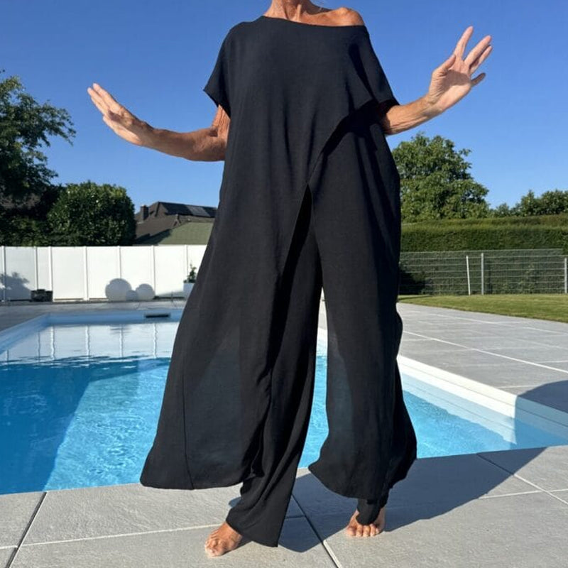 Gabbie™ Elegant Off-Shoulder Two-Piece Set | Relaxed Top and Wide-Leg Pants